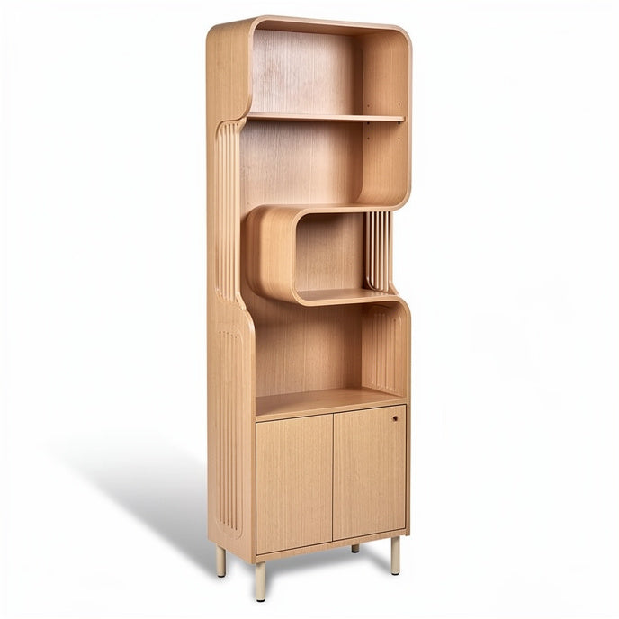 Modern Wooden Bookshelf with Unique Curved Design and Storage Compartments