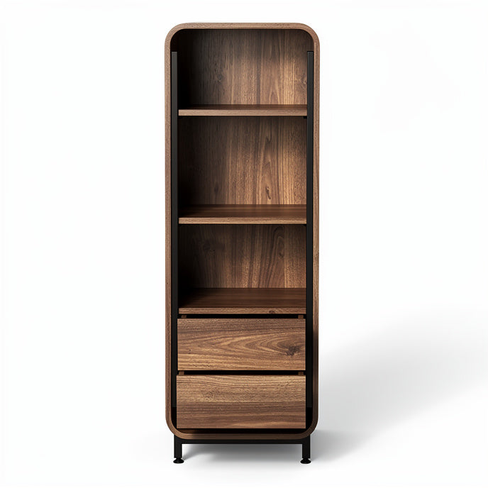 **Sleek Wooden Bookshelf with Metal Frame and Open Storage**