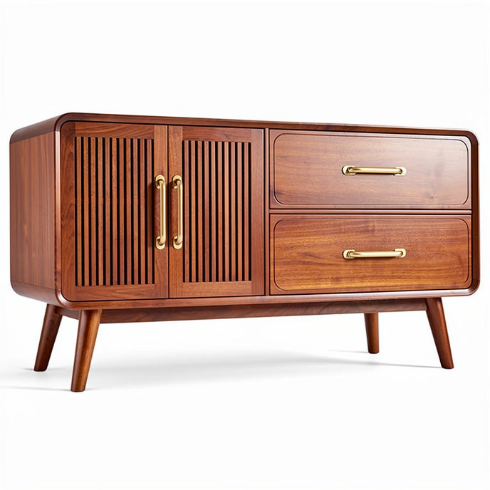**Mid-Century Modern Wooden Sideboard with Vertical Slats and Gold Accents**