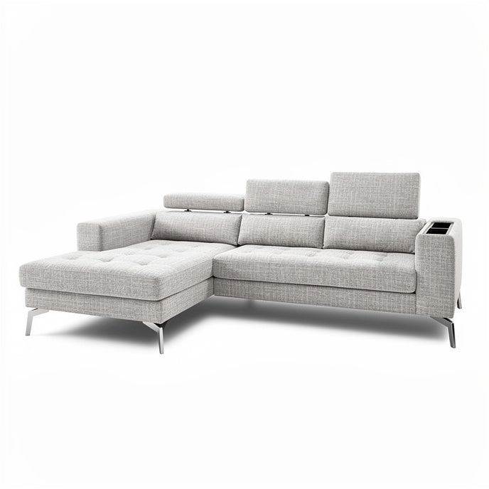 **Modern Grey Sectional Sofa with Adjustable Headrests and Chrome Legs**