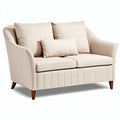 **Elegant Cream Upholstered Loveseat with Geometric Pattern and Wooden Legs**