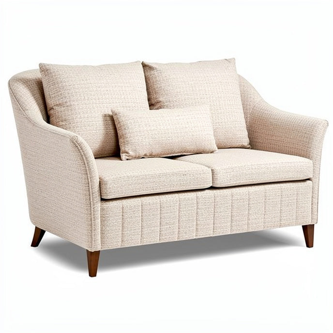 **Elegant Cream Upholstered Loveseat with Geometric Pattern and Wooden Legs**