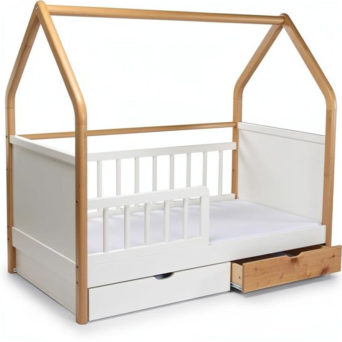 **Wooden House-Style Crib with Storage Drawer**